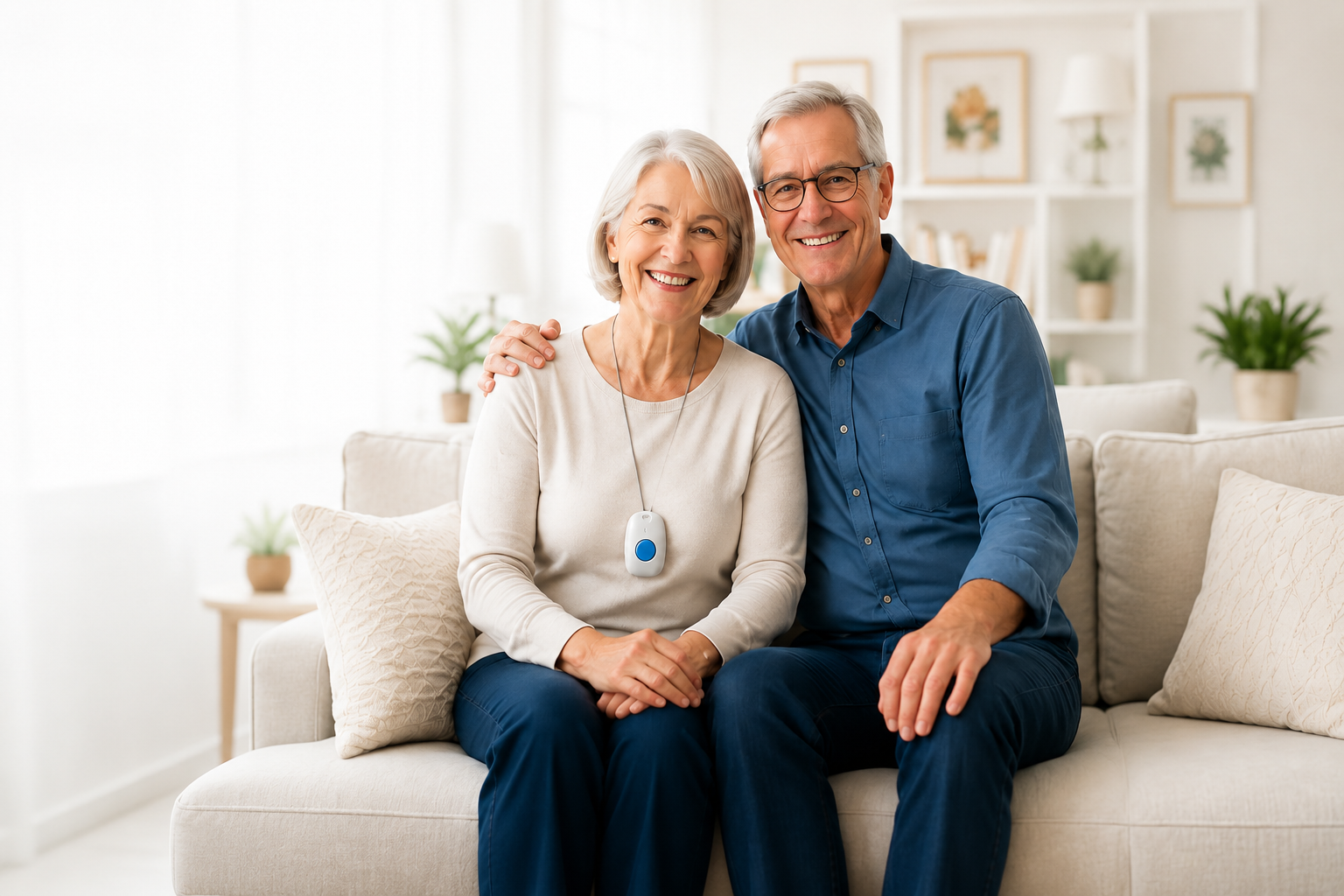 Smiling senior couple at home, wife wearing medical alert pendant