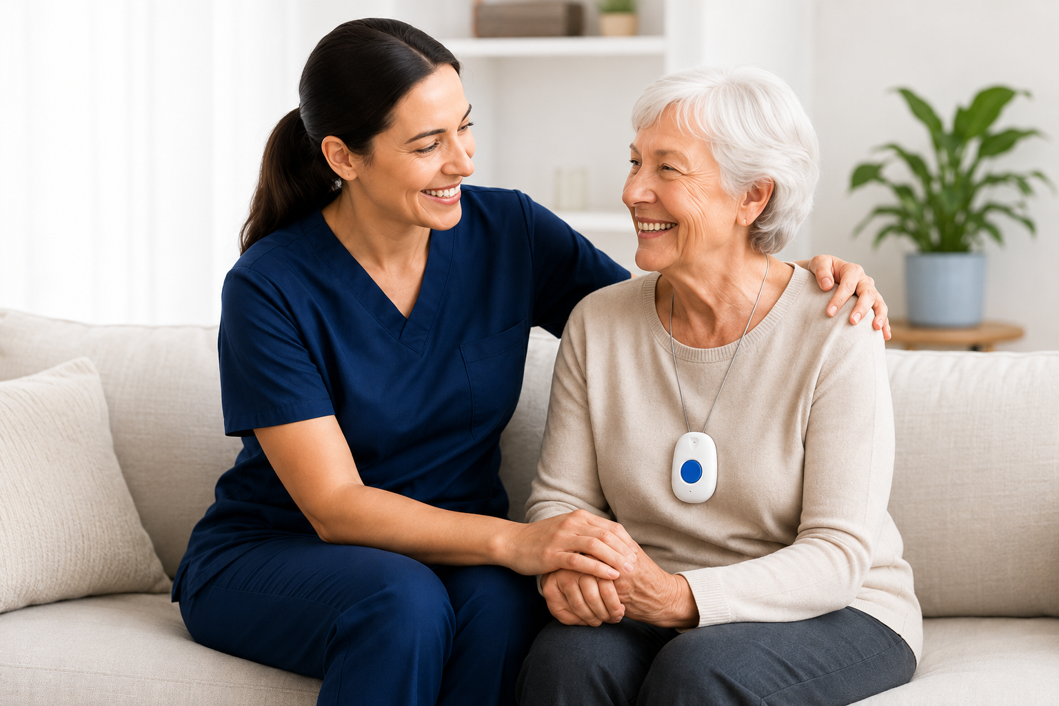 Caregiver in scrubs holding hands with a smiling senior wearing a medical alert pendant